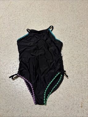 Limeapple Black One-Piece Kids Swimsuit with Teal, Green, and Purple Trim